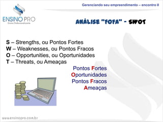 Gerenciando seu empreendimento – encontro II

Análise “FOFA” - SWOT
S – Strengths, ou Pontos Fortes
W – Weaknesses, ou Pontos Fracos
O – Opportunities, ou Oportunidades
T – Threats, ou Ameaças
Pontos Fortes
Oportunidades
Pontos Fracos
Ameaças

 