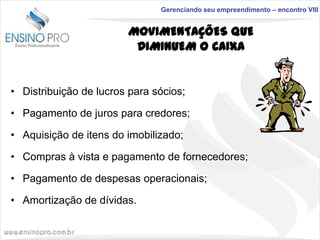 Gerenciando seu empreendimento – encontro VIII

MOVIMENTAÇÕES QUE
DIMINUEM O CAIXA

• Distribuição de lucros para sócios;
• Pagamento de juros para credores;
• Aquisição de itens do imobilizado;

• Compras à vista e pagamento de fornecedores;
• Pagamento de despesas operacionais;
• Amortização de dívidas.

 