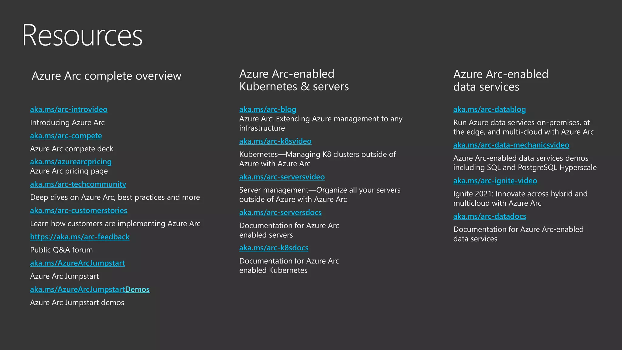 aka.ms/arc-introvideo Introducing Azure Arc aka.ms/arc-compete Azure Arc compete deck aka.ms/azurearcpricing Azure Arc pricing page aka.ms/arc-techcommunity Deep dives on Azure Arc, best practices and more aka.ms/arc-customerstories Learn how customers are implementing Azure Arc https://aka.ms/arc-feedback Public Q&A forum aka.ms/AzureArcJumpstart Azure Arc Jumpstart aka.ms/AzureArcJumpstartDemos Azure Arc Jumpstart demos aka.ms/arc-blog Azure Arc: Extending Azure management to any infrastructure aka.ms/arc-k8svideo Kubernetes—Managing K8 clusters outside of Azure with Azure Arc aka.ms/arc-serversvideo Server management—Organize all your servers outside of Azure with Azure Arc aka.ms/arc-serversdocs Documentation for Azure Arc enabled servers aka.ms/arc-k8sdocs Documentation for Azure Arc enabled Kubernetes aka.ms/arc-datablog Run Azure data services on-premises, at the edge, and multi-cloud with Azure Arc aka.ms/arc-data-mechanicsvideo Azure Arc-enabled data services demos including SQL and PostgreSQL Hyperscale aka.ms/arc-ignite-video Ignite 2021: Innovate across hybrid and multicloud with Azure Arc aka.ms/arc-datadocs Documentation for Azure Arc-enabled data services Azure Arc complete overview Azure Arc-enabled Kubernetes & servers Azure Arc-enabled data services 