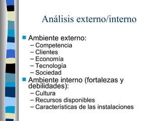 Análisis externo/interno Ambiente externo: Competencia Clientes Economía Tecnología Sociedad Ambiente interno (fortalezas y debilidades): Cultura Recursos disponibles Características de las instalaciones 