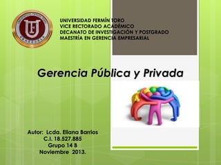 UNIVERSIDAD FERMÍN TORO
VICE RECTORADO ACADÉMICO
DECANATO DE INVESTIGACIÓN Y POSTGRADO
MAESTRÍA EN GERENCIA EMPRESARIAL

Gerencia Pública y Privada

Autor: Lcda. Eliana Barrios
C.I. 18.527.885
Grupo 14 B
Noviembre 2013.

 