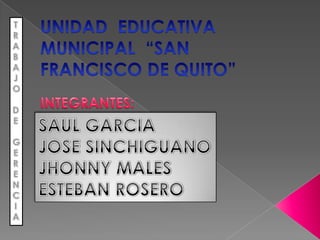 UNIDAD  EDUCATIVA MUNICIPAL  “SAN FRANCISCO DE QUITO” TRABAJO DE  GERENCIA INTEGRANTES: SAUL GARCIA JOSE SINCHIGUANO JHONNY MALES ESTEBAN ROSERO 