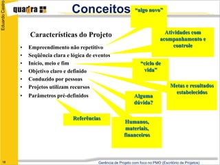 Eduardo Castro

                                       Conceitos                       “algo novo”



                                                                                        Atividades com
                     Características do Projeto                                       acompanhamento e
                 •   Empreendimento não repetitivo                                         controle
                 •   Seqüência clara e lógica de eventos
                 •   Início, meio e fim                                   “ciclo de
                 •   Objetivo claro e definido                             vida”
                 •   Conduzido por pessoas
                 •   Projetos utilizam recursos                                             Metas e resultados
                                                                                              estabelecidos
                 •   Parâmetros pré-definidos                          Alguma
                                                                       dúvida?

                                        Referências
                                                                  Humanos,
                                                                  materiais,
                                                                 financeiros



   18                                             Gerência de Projeto com foco no PMO (Escritório de Projetos)
 