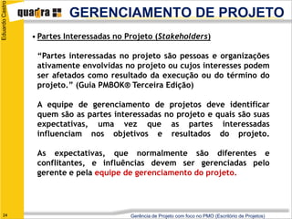 Eduardo Castro

                          GERENCIAMENTO DE PROJETO
                 • Partes Interessadas no Projeto (Stakeholders)

                  “Partes interessadas no projeto são pessoas e organizações
                  ativamente envolvidas no projeto ou cujos interesses podem
                  ser afetados como resultado da execução ou do término do
                  projeto.” (Guia PMBOK® Terceira Edição)

                  A equipe de gerenciamento de projetos deve identificar
                  quem são as partes interessadas no projeto e quais são suas
                  expectativas, uma vez que as partes interessadas
                  influenciam nos objetivos e resultados do projeto.

                  As expectativas, que normalmente são diferentes e
                  conflitantes, e influências devem ser gerenciadas pelo
                  gerente e pela equipe de gerenciamento do projeto.




   24                                     Gerência de Projeto com foco no PMO (Escritório de Projetos)
 