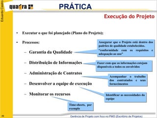 Eduardo Castro

                                          PRÁTICA
                                                                             Execução do Projeto


                 •   Executar o que foi planejado (Plano do Projeto);

                 •   Processos:                                         Assegurar que o Projeto está dentro dos
                                                                        padrões de qualidade estabelecidos.
                                                                        “conformidade com os requisitos e
                      – Garantia da Qualidade                           adequação ao uso”

                      – Distribuição de Informações                    Fazer com que as informações estejam
                                                                       disponíveis a todos os envolvidos

                      – Administração de Contratos
                                                                                 Acompanhar o trabalho
                                                                                 dos contratados e seus
                      – Desenvolver a equipe de execução                         fornecimentos


                      – Monitorar os recursos                                 Identificar as necessidades da
                                                                              equipe

                                                Time-sheets, por
                                                exemplo

   49                                            Gerência de Projeto com foco no PMO (Escritório de Projetos)
 