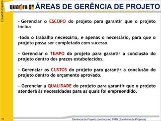 Eduardo Castro
                        ÁREAS DE GERÊNCIA DE PROJETO
                 - Gerenciar o ESCOPO do projeto para garantir que o projeto
                 inclua

                 -todo o trabalho necessário, e apenas o necessário, para que o
                 projeto possa ser completado com sucesso.

                 - Gerenciar o TEMPO do projeto para garantir a conclusão do
                 projeto dentro dos prazos estabelecidos.

                 - Gerenciar os CUSTOS do projeto para garantir a conclusão do
                 projeto dentro do orçamento aprovado.

                 - Gerenciar a QUALIDADE do projeto para garantir que o projeto
                 atenderá às necessidades para as quais foi empreendido.




   54                                    Gerência de Projeto com foco no PMO (Escritório de Projetos)
 