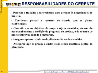 Eduardo Castro
                          RESPONSABILIDADES DO GERENTE

                 - Planejar o trabalho a ser realizado para atender às necessidades do
                 projeto.
                 - Coordenar pessoas e recursos de acordo com os planos
                 estabelecidos.
                 - Garantir que os objetivos do projeto sejam atendidos, através do
                 acompanhamento e medição do progresso do projeto, e da tomada de
                 ações corretivas quando necessárias.
                 - Assegurar que os requisitos do cliente estão sendo atendidos.
                 - Assegurar que os prazos e custos estão sendo mantidos dentro do
                 planejado.




   59                                        Gerência de Projeto com foco no PMO (Escritório de Projetos)
 