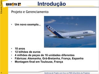 Eduardo Castro
                                     Introdução
                 Projeto e Gerenciamento


                 • Um novo exemplo...




                 •   10 anos
                 •   12 bilhões de euros
                 •   4 milhões de peças de 16 unidades diferentes
                 •   Fábricas: Alemanha, Grã-Bretanha, França, Espanha
                 •   Montagem final em Toulouse, França


   6                                      Gerência de Projeto com foco no PMO (Escritório de Projetos)
 