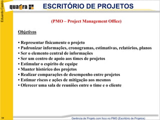 Eduardo Castro
                             ESCRITÓRIO DE PROJETOS

                                  (PMO – Project Management Office)

                 Objetivos

                 • Representar fisicamente o projeto
                 • Padronizar informações, cronogramas, estimativas, relatórios, planos
                 • Ser o elemento central de informações
                 • Ser um centro de apoio aos times de projetos
                 • Estimular o espírito de equipe
                 • Manter histórico dos projetos
                 • Realizar comparações de desempenho entre projetos
                 • Estimar riscos e ações de mitigação aos mesmos
                 • Oferecer uma sala de reuniões entre o time e o cliente




   64                                        Gerência de Projeto com foco no PMO (Escritório de Projetos)
 