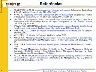 Eduardo Castro
                                                  Referências
                 •   ALADWANI, A. M. IT project uncertainty, planning and success, Information Technology
                     & People, Volume 15, no. 3, pág. 210 a 226, 2002.
                 •   AYAS, K. Integrating corporate learning with project management, International Journal
                     of Production Economics, no. 51, Elsevier Science, 1997, pág 59 a 67.
                 •   JAAFARI, A. Management of risks, uncertainties and opportunities on projects: time for a
                     fundamental shift, International Journal of Project Management, no. 19, Elsevier Science
                     Ltd, 2001, pág. 89 a 101
                 •   KWAK, Y.H.; STODDARD, J. Project Risk Management: Lessons Learned from Software
                     Development Environment, Technovation, Elsevier Science, 2003, pág 2 a 6.
                 •   MARTINS, J. C. Gestão de Projetos de Desenvolvimento de Software, Rio de Janeiro:
                     Brasport, 2002.
                 •   MENEZES, L. C. Gestão de Projetos, São Paulo: Atlas, 2003.
                 •   PENDER, S. Managing incomplete knowledge: Why risk management is not sufficient,
                     International Journal of Project Management, no. 19, Elsevier Science Ltd, 2001, pág. 79 a
                     87.
                 •   PHILLIPS, J. Gerência de Projetos de Tecnologia da Informação, Rio de Janeiro: Elsevier,
                     2003.
                 •   PMI - Project Management Institute A Guide to the Project Management Body of
                     Knowledge (PMBOK Guide) – Third Edition, Project Management Institute, Inc, Four
                     Campus Boulevard, Newton Square, PA, 2004.
                 •   RAI, A.; AL-HINDI, H. The effects of development process modeling and task uncertainty
                     on development quality performance, Information & Management, no. 37, Elsevier
                     Science Ltd, 2000, pág. 335 a 346.




   85                                                 Gerência de Projeto com foco no PMO (Escritório de Projetos)
 