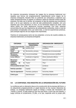 122
Es creemos conveniente comparar los rasgos de la empresa tradicional con
aquellos que hemos ido progresivamente especificando como rasgos de la
empresa emergente. Nuestra lista no pretende ser exhaustiva y sabemos que
estas caracterizaciones no agotan un esfuerzo cabal por describir ambos tipos de
empresa. Se trata, por lo demás, de comparar un tipo de empresa que conocemos
bien y de la que sabemos su ciclo de vida prácticamente completo, con una
empresa que como decíamos al inicio, no ha terminado todavía de nacer. Esta
última podrá, sin duda, depararnos muchas sorpresas. Con todo, estamos
convencidos de que hoy disponemos de antecedentes suficientes, tanto a nivel de
propuestas conceptuales como, por sobre todo, a nivel de experiencias prácticas,
para anticipar algunos de sus rasgos mas importantes.
Veamos en consecuencia como se nos presentan, a la luz de nuestro análisis, la
empresa tradicional y la empresa emergente:
CRITERIOS ORGANIZACIÓN
TRADICIONAL
ORGANIZACIÓN EMERGENTE
Trabajo preponderante Trabajo manual Trabajo no manual
Fundamento del
trabajo
Destreza física La palabra
Clave de la
productividad
Movimientos y tiempos Competencias Conversacionales
Mecanismo de
coordinación
Línea de ensamblaje Resideño de procesos (workflow)
Locus reflexivo Localizado: el ingeniero Difuso: practicante reflexivo
Mecanismo de
regulación
"Mando y control" Autonomía responsable
Carácter de la
regulación
"Techo" "Piso"
Emocionalidad de base Miedo Confianza
Perfil de autoridad Capataz Coach
Tipo de organización Piramidal y jerárquica Horizontal y flexible
Criterio guía Estandarización Aprendizaje Organizacional
4.6 LA CONFIANZA, VIGA MAESTRA DE LA ORGANIZACIÓN DEL FUTURO
La confianza será un elemento clave en la construcción de la empresa del futuro, e
ira adquiriendo progresivamente un papel decisivo en las nuevas relaciones de
trabajo. La empresa tradicional regula el trabajo a través del mecanismo del
"mando y control". El jefe ordena lo que hay que hacer y como hay que hacerlo, y
luego controla el cumplimiento. El jefe, a su vez, responde ante su propio jefe,
 