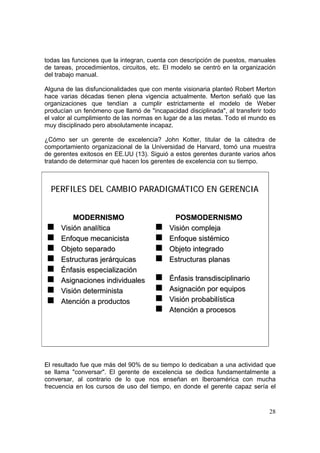 28
todas las funciones que la integran, cuenta con descripción de puestos, manuales
de tareas, procedimientos, circuitos, etc. El modelo se centrò en la organización
del trabajo manual.
Alguna de las disfuncionalidades que con mente visionaria planteó Robert Merton
hace varias décadas tienen plena vigencia actualmente. Merton señaló que las
organizaciones que tendían a cumplir estrictamente el modelo de Weber
producían un fenómeno que llamó de "incapacidad disciplinada", al transferir todo
el valor al cumplimiento de las normas en lugar de a las metas. Todo el mundo es
muy disciplinado pero absolutamente incapaz.
¿Cómo ser un gerente de excelencia? John Kotter, titular de la cátedra de
comportamiento organizacional de la Universidad de Harvard, tomó una muestra
de gerentes exitosos en EE.UU (13). Siguió a estos gerentes durante varios años
tratando de determinar qué hacen los gerentes de excelencia con su tiempo.
El resultado fue que más del 90% de su tiempo lo dedicaban a una actividad que
se llama "conversar". El gerente de excelencia se dedica fundamentalmente a
conversar, al contrario de lo que nos enseñan en Iberoamérica con mucha
frecuencia en los cursos de uso del tiempo, en donde el gerente capaz sería el
PPEERRFFIILLEESS DDEELL CCAAMMBBIIOO PPAARRAADDIIGGMMÁÁTTIICCOO EENN GGEERREENNCCIIAA
MMOODDEERRNNIISSMMOO
VViissiióónn aannaallííttiiccaa
EEnnffooqquuee mmeeccaanniicciissttaa
OObbjjeettoo sseeppaarraaddoo
EEssttrruuccttuurraass jjeerráárrqquuiiccaass
ÉÉnnffaassiiss eessppeecciiaalliizzaacciióónn
AAssiiggnnaacciioonneess iinnddiivviidduuaalleess
VViissiióónn ddeetteerrmmiinniissttaa
AAtteenncciióónn aa pprroodduuccttooss
PPOOSSMMOODDEERRNNIISSMMOO
VViissiióónn ccoommpplleejjaa
EEnnffooqquuee ssiissttéémmiiccoo
OObbjjeettoo iinntteeggrraaddoo
EEssttrruuccttuurraass ppllaannaass
ÉÉnnffaassiiss ttrraannssddiisscciipplliinnaarriioo
AAssiiggnnaacciióónn ppoorr eeqquuiippooss
VViissiióónn pprroobbaabbiillííssttiiccaa
AAtteenncciióónn aa pprroocceessooss
 