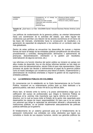 31
Habilidades
sociales
Competencia en el manejo de
relaciones y la
creación de redes sociales
Capacidad para encontrar puntos
comunes y
estrechar lazos
Eficacia en liderar cambios
Capacidad de persuasión
Pericia en crear y liderar equipos
Tomado de :¿Qué hace a un lider. GOLEMAN Daniel. Harvard Business Review América Larina
.2005
Las políticas de modernización de la gerencia pública, se orientan básicamente
hacia una coordinación de la actividad del estado, que debe regular las
condiciones que permitan una relación de los actores económicos en el marco de
las leyes del mercado, orientándola hacia la consecución de resultados y la
generación de capacidad de adaptación a los cambios en un contexto cada vez
más globalizado.
Dentro de estas políticas se encuentran los desarrollos de nuevas y mejores
formas de hacer el trabajo de las entidades públicas (simplificación de estructuras,
procedimientos y controles; desregularización; eliminación o aplanamiento de
jerarquías; descentralización; orientación a la gestión por resultados;
externalización de algunos servicios, etc.)
Las reformas a la función directiva del sector público se iniciaron en países con
altos niveles de desarrollo; hoy en día dichas reformas también se han dado en
países como los latinoamericanos, siendo Chile el caso más representativo. Estos
procesos de ajuste han llevado a redimensionar el papel de la gerencia pública
como el medio estratégico por excelencia para liderar el diseño, implementación y
administración de iniciativas orientadas a mejorar la gestión de los organismos y
entidades públicas.
1.4 LA GERENCIA PÚBLICA EN COLOMBIA
En consonancia con lo establecido en la Carta Iberoamericana de la Función
Pública, incorporó en su ordenamiento jurídico todo un título dedicado a la
gerencia pública, vale decir, el título VIII de la Ley 909 de 2004.
Ahora bien, el tránsito entre la norma y la praxis administrativa exige que la
calificación del cuerpo de profesionales que integra la Gerencia Pública se
constituya en la premisa más importante que rige la reforma de la función
directiva, con lo cual se busca dotar al Estado de la gente más capacitada para
desempeñar los cargos de mayor responsabilidad. Es claro que si no se cuenta
con personal que tenga la capacidad de administrar eficiente y eficazmente las
instituciones públicas, no se podrán implementar adecuadamente las políticas
públicas definidas por el gobierno
El fortalecimiento de un sistema gerencial pasa por el fortalecimiento de la
planeación institucional. Las entidades son entes abstractos que logran sus
cometidos a través de sus equipos humanos, siendo sus gerentes públicos los
 