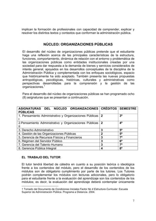 7
implican la formación de profesionales con capacidad de comprender, explicar y
resolver los distintos textos y contextos que conforman la administración pública.
NÚCLEO: ORGANIZACIONES PÚBLICAS
El desarrollo del núcleo de organizaciones públicas pretende que el estudiante
haga una reflexión acerca de las principales características de la estructura,
funciones, comportamiento, dinámica de relación con el entorno y problemática de
las organizaciones públicas como entidades institucionales creadas por una
sociedad para dar respuesta a la demanda de bienes y servicios considerados de
interés general, apoyados en los desarrollos conceptuales de la disciplina de la
Administración Pública y complementada con los enfoques sociológicos, espacio
que históricamente ha sido aceptado. También presenta las nuevas propuestas
antropológicas, psicológicas, históricas, culturales y administrativas como
perspectivas desarrolladas para la comprensión y la gestión de las
organizaciones.1
Para el desarrollo del núcleo de organizaciones públicas se han programado ocho
(8) asignaturas que se presentan a continuación.
EL TRABAJO DEL TUTOR
El tutor tendrá libertad de cátedra en cuanto a su posición teórica o ideológica
frente a los contenidos del módulo, pero el desarrollo de los contenidos de los
módulos son de obligatorio cumplimiento por parte de los tutores. Los Tutores
podrán complementar los módulos con lecturas adicionales, pero lo obligatorio
para el estudiante frente a la evaluación del aprendizaje son los contenidos de los
módulos; es decir, la evaluación del aprendizaje deberá contemplar únicamente
1 Tomado del Documento de Condiciones Iniciales Factor No 4 Estructura Curricular. Escuela
Superior de Administración Pública. Programa a Distancia. 2004.
ASIGNATURAS DEL NÚCLEO ORGANIZACIONES
PÚBLICAS
CRÉDITOS SEMESTRE
1. Pensamiento Administrativo y Organizaciones Públicas
I
2 3º
2.Pensamiento Administrativo y Organizaciones Públicas
II
2 4º
3. Derecho Administrativo 3 5º
4. Gestión de las Organizaciones Públicas 2 5º
5. Gerencia de Recursos Físicos y Financieros 3 7º
6. Régimen del Servidor Público 3 6º
7. Gerencia del Talento Humano 3 7º
8. Gerencia Pública Integral 4 8º
 