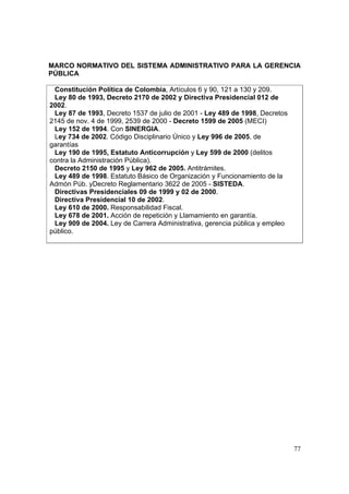 77
MARCO NORMATIVO DEL SISTEMA ADMINISTRATIVO PARA LA GERENCIA
PÚBLICA
Constitución Política de Colombia, Artículos 6 y 90, 121 a 130 y 209.
Ley 80 de 1993, Decreto 2170 de 2002 y Directiva Presidencial 012 de
2002.
Ley 87 de 1993, Decreto 1537 de julio de 2001 - Ley 489 de 1998, Decretos
2145 de nov. 4 de 1999, 2539 de 2000 - Decreto 1599 de 2005 (MECI)
Ley 152 de 1994. Con SINERGIA.
Ley 734 de 2002. Código Disciplinario Único y Ley 996 de 2005, de
garantías
Ley 190 de 1995, Estatuto Anticorrupción y Ley 599 de 2000 (delitos
contra la Administración Pública).
Decreto 2150 de 1995 y Ley 962 de 2005. Antitrámites.
Ley 489 de 1998. Estatuto Básico de Organización y Funcionamiento de la
Admón Púb. yDecreto Reglamentario 3622 de 2005 - SISTEDA.
Directivas Presidenciales 09 de 1999 y 02 de 2000.
Directiva Presidencial 10 de 2002.
Ley 610 de 2000. Responsabilidad Fiscal.
Ley 678 de 2001. Acción de repetición y Llamamiento en garantía.
Ley 909 de 2004. Ley de Carrera Administrativa, gerencia pública y empleo
público.
 