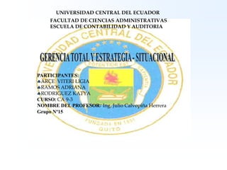 UNIVERSIDAD CENTRAL DEL ECUADOR FACULTAD DE CIENCIAS ADMINISTRATIVAS ESCUELA DE CONTABILIDAD Y AUDITORIA GERENCIA TOTAL Y ESTRATEGIA - SITUACIONAL PARTICIPANTES: ,[object Object]