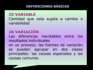 DEFINICIONES BÁSICAS

25 VARIABLE
Cantidad que esta sujeta a cambio o
variabilidad

26 VARIACIÓN
Las diferencias inevitables entre los
resultados individuales
en un proceso; las fuentes de variación
se pueden agrupar en dos clases
principales: las causas especiales y las
causas comunes
 