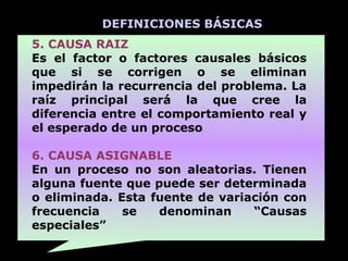 DEFINICIONES BÁSICAS.
5. CAUSA RAIZ
Es el factor o factores causales básicos
que si se corrigen o se eliminan
impedirán la recurrencia del problema. La
raíz principal será la que cree la
diferencia entre el comportamiento real y
el esperado de un proceso

6. CAUSA ASIGNABLE
En un proceso no son aleatorias. Tienen
alguna fuente que puede ser determinada
o eliminada. Esta fuente de variación con
frecuencia    se   denominan     “Causas
especiales”
 