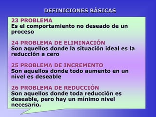 23 PROBLEMA
Es el comportamiento no deseado de un
proceso
24 PROBLEMA DE ELIMINACIÓN
Son aquellos donde la situación ideal es la
reducción a cero
25 PROBLEMA DE INCREMENTO
Son aquellos donde todo aumento en un
nivel es deseable
26 PROBLEMA DE REDUCCIÓN
Son aquellos donde toda reducción es
deseable, pero hay un mínimo nivel
necesario.
DEFINICIONES BÁSICAS
 