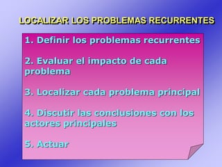 LOCALIZAR LOS PROBLEMAS RECURRENTES
1. Definir los problemas recurrentes
2. Evaluar el impacto de cada
problema
3. Localizar cada problema principal
4. Discutir las conclusiones con los
actores principales
5. Actuar
 