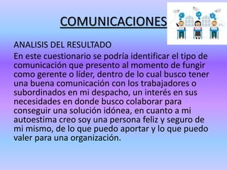 COMUNICACIONES
ANALISIS DEL RESULTADO
En este cuestionario se podría identificar el tipo de
comunicación que presento al momento de fungir
como gerente o líder, dentro de lo cual busco tener
una buena comunicación con los trabajadores o
subordinados en mi despacho, un interés en sus
necesidades en donde busco colaborar para
conseguir una solución idónea, en cuanto a mi
autoestima creo soy una persona feliz y seguro de
mi mismo, de lo que puedo aportar y lo que puedo
valer para una organización.
 