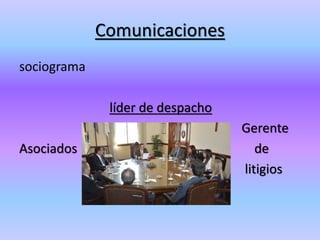 Comunicaciones
sociograma
líder de despacho
Gerente
Asociados de
litigios
 