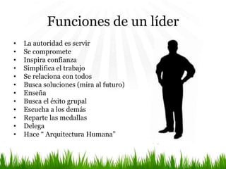 Funciones de un líder
• La autoridad es servir
• Se compromete
• Inspira confianza
• Simplifica el trabajo
• Se relaciona con todos
• Busca soluciones (mira al futuro)
• Enseña
• Busca el éxito grupal
• Escucha a los demás
• Reparte las medallas
• Delega
• Hace “ Arquitectura Humana”
 