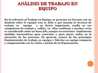 ANÁLISIS DE TRABAJO ENANÁLISIS DE TRABAJO EN
EQUIPOEQUIPO
En lo referente al Trabajo en Equipo, se presenta un Gerente con unEn lo referente al Trabajo en Equipo, se presenta un Gerente con un
dominio sobre le equipo; esto se debe a que maneja la técnicas dedominio sobre le equipo; esto se debe a que maneja la técnicas de
trabajo en equipo y un factor importante, confía en sustrabajo en equipo y un factor importante, confía en sus
compañeros de trabajo y refleja en ellos confianza y muchas vecescompañeros de trabajo y refleja en ellos confianza y muchas veces
es considerado como un buen jefe, aunque en ocasiones implementaes considerado como un buen jefe, aunque en ocasiones implementa
medidas burocráticas para controlar o para poner orden en lamedidas burocráticas para controlar o para poner orden en la
ejecución de los procesos. En general, conoce de los principiosejecución de los procesos. En general, conoce de los principios
fundamentales de trabajo en equipo; y lideriza un equipo compactofundamentales de trabajo en equipo; y lideriza un equipo compacto
y comprometido con la visión y misión de la Organización.y comprometido con la visión y misión de la Organización.
 