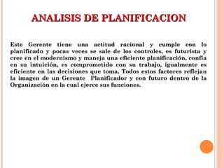 ANALISIS DE PLANIFICACIONANALISIS DE PLANIFICACION
Este Gerente tiene una actitud racional y cumple con loEste Gerente tiene una actitud racional y cumple con lo
planificado y pocas veces se sale de los controles, es futurista yplanificado y pocas veces se sale de los controles, es futurista y
cree en el modernismo y maneja una eficiente planificación, confíacree en el modernismo y maneja una eficiente planificación, confía
en su intuición, es comprometido con su trabajo, igualmente esen su intuición, es comprometido con su trabajo, igualmente es
eficiente en las decisiones que toma. Todos estos factores reflejaneficiente en las decisiones que toma. Todos estos factores reflejan
la imagen de un Gerente Planificador y con futuro dentro de lala imagen de un Gerente Planificador y con futuro dentro de la
Organización en la cual ejerce sus funciones.Organización en la cual ejerce sus funciones.
 