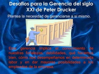 Desafios para la Gerencia del siglo XXI de Peter Drucker Pl antea la necesidad de gerenciarse a sí mismo. Esta gerencia implica el conocimiento de nuestras fortalezas, debilidades, qué hacemos bien, cómo nos desempeñamos en determinada labor  y en dar mayores posibilidades a los empleados de la empresa.  
