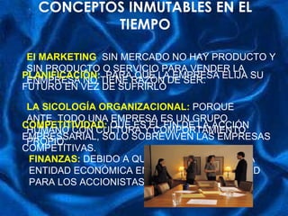 CONCEPTOS INMUTABLES EN EL TIEMPO El MARKETING :  SIN MERCADO NO HAY PRODUCTO Y SIN PRODUCTO O SERVICIO PARA VENDER LA ENMPRESA NO TIENE RAZÓN DE SER. LA SICOLOGÍA ORGANIZACIONAL:   PORQUE ANTE  TODO UNA EMPRESA ES UN GRUPO HUMANO CON CULTURA Y COMPORTAMIENTO PROPIO.   FINANZAS:  DEBIDO A QUE LA EMPRESA ES UNA ENTIDAD ECONÓMICA EN POS DE RENTABILIDAD PARA LOS ACCIONISTAS. PLANIFICACIÓN:  PARA QUE LA EMPRESA ELIJA SU FUTURO EN VEZ DE SUFRIRLO COMPETITIVIDAD:   QUE ES EL FIN DE LA ACCIÓN EMPRESSARIAL, SOLO SOBREVIVEN LAS EMPRESAS COMPETITIVAS. 