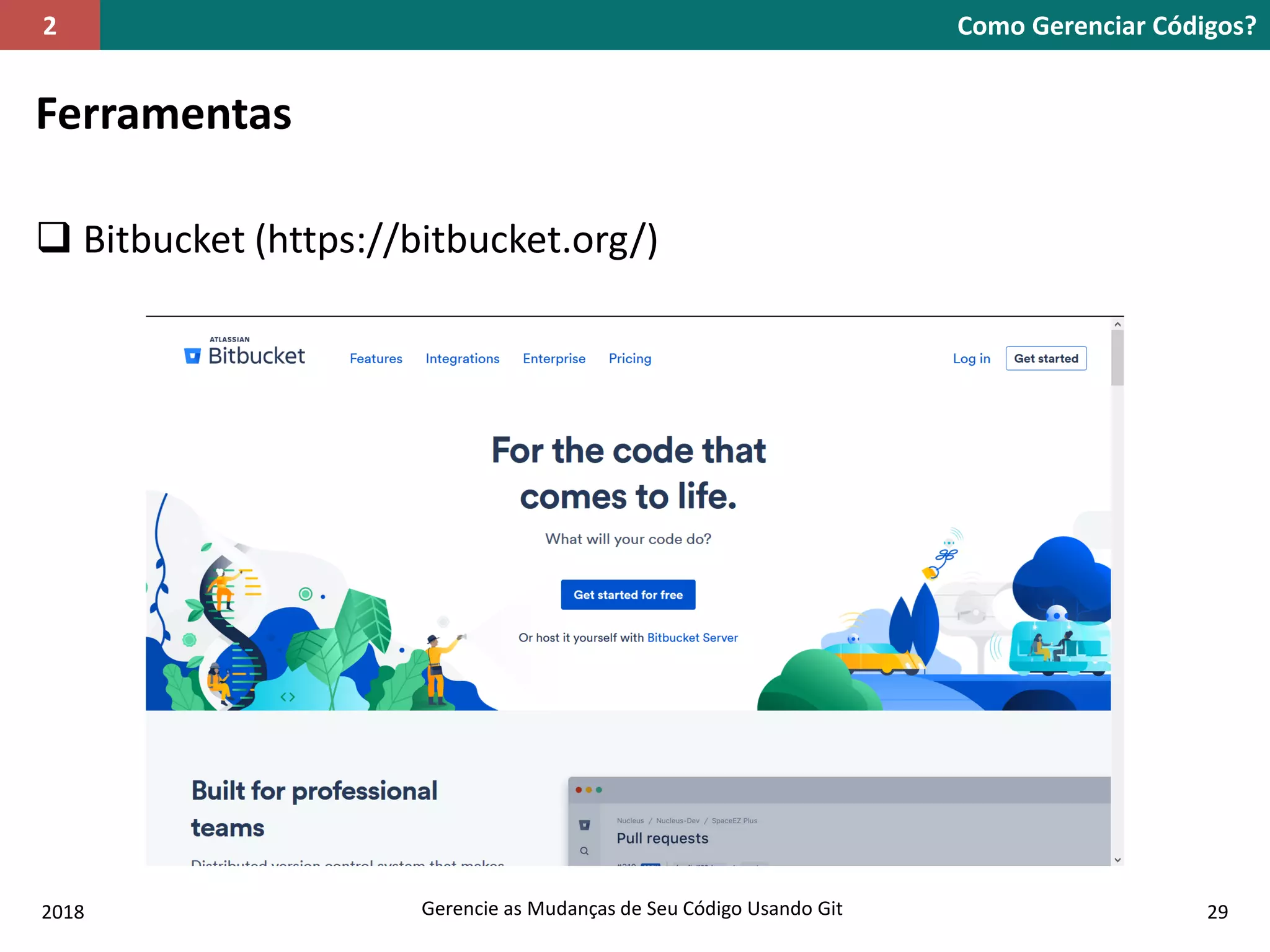 2018 Gerencie as Mudanças de Seu Código Usando Git 29
Ferramentas
 Bitbucket (https://bitbucket.org/)
Como Gerenciar Códigos?2
 