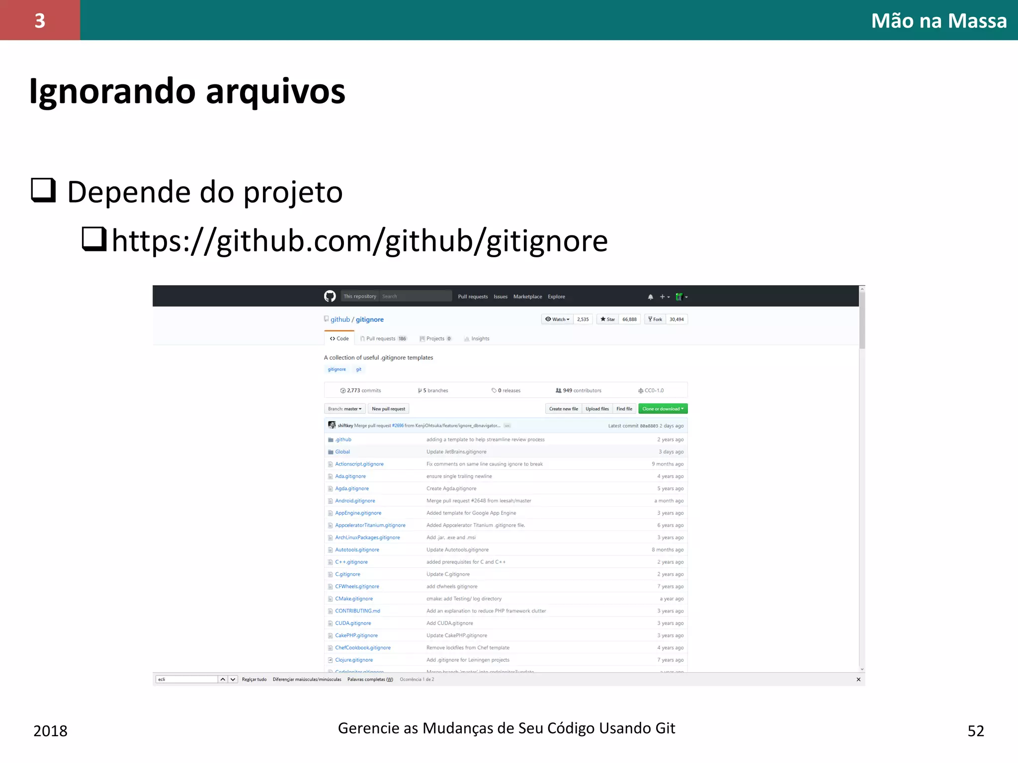 2018 Gerencie as Mudanças de Seu Código Usando Git 52
Mão na Massa3
Ignorando arquivos
 Depende do projeto
https://github.com/github/gitignore
 