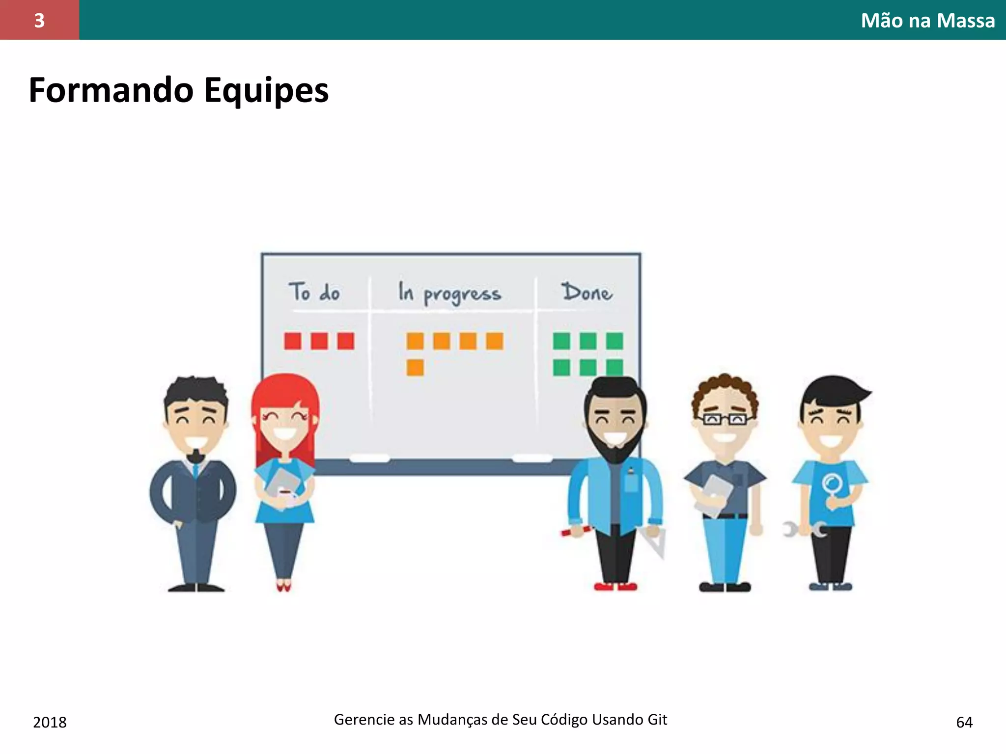 2018 Gerencie as Mudanças de Seu Código Usando Git 64
Mão na Massa3
Formando Equipes
 