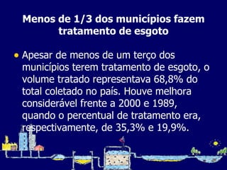 Menos de 1/3 dos municípios fazem tratamento de esgoto Apesar de menos de um terço dos municípios terem tratamento de esgoto, o volume tratado representava 68,8% do total coletado no país. Houve melhora considerável frente a 2000 e 1989, quando o percentual de tratamento era, respectivamente, de 35,3% e 19,9%.  