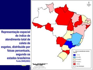 Representação espacial do índice de atendimento total de coleta de esgotos, distribuído por faixas percentuais, segundo os estados brasileiros Fonte:SNIS(2003) 