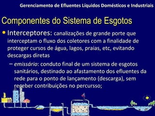 Gerenciamento de Efluentes Líquidos Domésticos e Industriais Interceptores:  canalizações de grande porte que interceptam o fluxo dos coletores com a finalidade de proteger cursos de água, lagos, praias, etc, evitando descargas diretas emissário : conduto final de um sistema de esgotos sanitários, destinado ao afastamento dos efluentes da rede para o ponto de lançamento (descarga), sem receber contribuições no percursso; Componentes do Sistema de Esgotos 