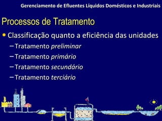 Gerenciamento de Efluentes Líquidos Domésticos e Industriais Classificação quanto a eficiência das unidades Tratamento  preliminar Tratamento  primário Tratamento  secundário Tratamento  terciário Processos de Tratamento 