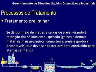 Gerenciamento de Efluentes Líquidos Domésticos e Industriais Tratamento preliminar Se dá por meio de grades e caixas de areia, visando à retenção dos sólidos em suspensão (galhos e demais materiais mais grosseiros, como terra, areia e gordura decantáveis) que deve ser posteriormente conduzido para aterros sanitários  Processos de Tratamento 