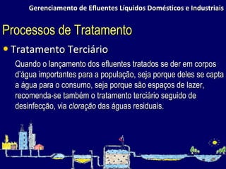 Gerenciamento de Efluentes Líquidos Domésticos e Industriais Tratamento Terciário Processos de Tratamento Quando o lançamento dos efluentes tratados se der em corpos d’água importantes para a população, seja porque deles se capta a água para o consumo, seja porque são espaços de lazer, recomenda-se também o tratamento terciário seguido de desinfecção, via  cloração  das águas residuais.  