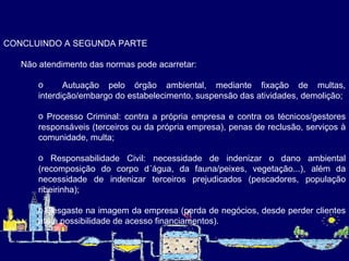 CONCLUINDO A SEGUNDA PARTE Não atendimento das normas pode acarretar: Autuação pelo órgão ambiental, mediante fixação de multas, interdição/embargo do estabelecimento, suspensão das atividades, demolição; Processo Criminal: contra a própria empresa e contra os técnicos/gestores responsáveis (terceiros ou da própria empresa), penas de reclusão, serviços à comunidade, multa; Responsabilidade Civil: necessidade de indenizar o dano ambiental (recomposição do corpo d´água, da fauna/peixes, vegetação...), além da necessidade de indenizar terceiros prejudicados (pescadores, população ribeirinha); Desgaste na imagem da empresa (perda de negócios, desde perder clientes até a possibilidade de acesso financiamentos).   