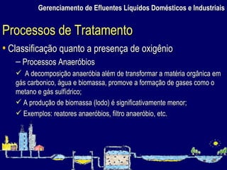 Gerenciamento de Efluentes Líquidos Domésticos e Industriais Classificação quanto a presença de oxigênio Processos Anaeróbios A decomposição anaeróbia além de transformar a matéria orgânica em gás carbonico, água e biomassa, promove a formação de gases como o metano e gás sulfídrico; A produção de biomassa (lodo) é significativamente menor; Exemplos: reatores anaeróbios, filtro anaeróbio, etc. Processos de Tratamento 