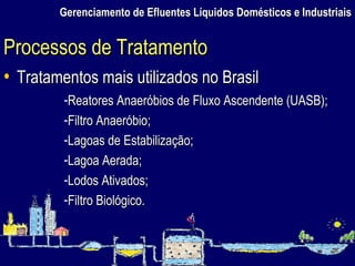 Gerenciamento de Efluentes Líquidos Domésticos e Industriais Tratamentos mais utilizados no Brasil Processos de Tratamento Reatores Anaeróbios de Fluxo Ascendente (UASB); Filtro Anaeróbio; Lagoas de Estabilização; Lagoa Aerada; Lodos Ativados; Filtro Biológico. 