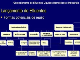 Gerenciamento de Efluentes Líquidos Domésticos e Industriais Formas potenciais de reuso Esgotos Domésticos Esgotos Industriais URBANOS RECREAÇÃO AQÜICULTURA AGRICULTURA INDUSTRIAL RECARGA DE AQÜÍFEROS NÃO POTÁVEL POTÁVEL NATAÇÃO ESQUI AQUÁTICO, CANOAGEM, ETC. PESCA DESSEDENTAÇÕES DE ANIMAIS POMARES E VINHAS FERRAGENS, FIBRAS E CULTURAS COM SEMENTES CULTURAS INGERIDAS APÓS PROCESSAMENTOI PROCESSOS OUTROS CULTURAS INGERIDAS CRUAS Gerenciamento de Efluentes Líquidos Domésticos e Industriais Lançamento de Efluentes 