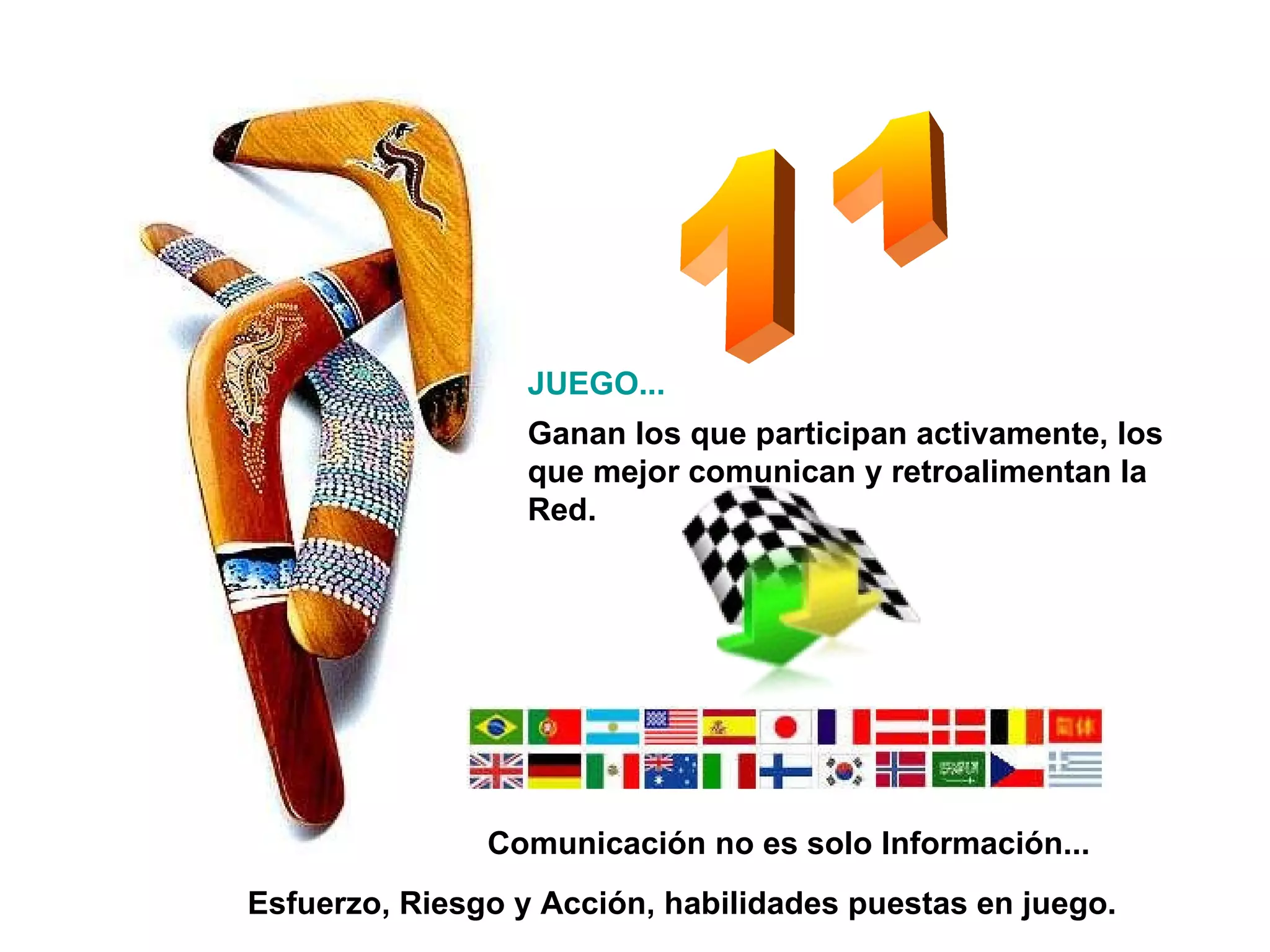 11 Comunicación no es solo Información... Ganan los que participan activamente, los que mejor comunican y retroalimentan la Red. JUEGO... Esfuerzo, Riesgo y Acción, habilidades puestas en juego. 