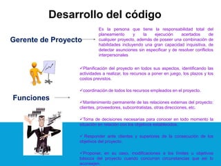 Desarrollo del código
Gerente de Proyecto
Es la persona que tiene la responsabilidad total del
planeamiento y la ejecución acertados de
cualquier proyecto, además de poseer una combinación de
habilidades incluyendo una gran capacidad inquisitiva, de
detectar asunciones sin especificar y de resolver conflictos
interpersonales
Planificación del proyecto en todos sus aspectos, identificando las
actividades a realizar, los recursos a poner en juego, los plazos y los
costos previstos.
coordinación de todos los recursos empleados en el proyecto.
Mantenimiento permanente de las relaciones externas del proyecto:
clientes, proveedores, subcontratistas, otras direcciones, etc.
Toma de decisiones necesarias para conocer en todo momento la
situación en relación con los objetivos establecidos.
 Responder ante clientes y superiores de la consecución de los
objetivos del proyecto.
Proponer, en su caso, modificaciones a los límites u objetivos
básicos del proyecto cuando concurran circunstancias que así lo
aconsejen.
Funciones
 