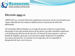 Decreto 2993-11
"ARTíCULO 40. La Junta Directiva confonnará una tema con los concursantes que
 hayan obtenido las tres mejores calificaciones en el proceso de selección
adelantado.

 El nominador deberá designar en el cargo de gerente o director a quien haya
alcanzado el más alto puntaje dentro de los quince (15) dlas calendario siguientes
 a la finalización del proceso de elección. El resto de la tema operará como un
listado de elegibles, para que en el caso de no poder designarse el candidato
con mayor puntuación, se continúe con el segundo y de no serposible la
designación de éste, con el tercero.
 