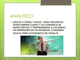 ANALITICO
 AFECTO A CIFRAS Y DATOS , TOMA INICIATIVAS
TEORICAMENTE CLARAS Y LAS COMUNICA DE
MODO PRECISO Y TEMPERAMENTAL A LOS DEMAS ,
SIN INTERESARSE EN SUS ESFUERZOS. CONSIDERA
SOLO EL PERFIL ECONOMICO DEL TRABAJO.
 