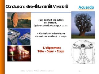 Conclusion : être « Humain et Vivant»…  « Gérer les pressions  - Améliorer sa Résistance au Stress » «  Qui connaît les autres  est instruit.  Qui se connaît est sage. »  Lao-Tseu  « Connais toi même et tu connaitras les dieux … »  Sénèque L’alignement  Tête – Cœur – Corps 