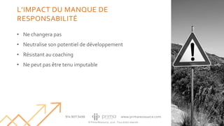 © Prima Ressource, 2020 - Tous droits réservés
• Ne changera pas
• Neutralise son potentiel de développement
• Résistant au coaching
• Ne peut pas être tenu imputable
13
L’IMPACT DU MANQUE DE
RESPONSABILITÉ
 